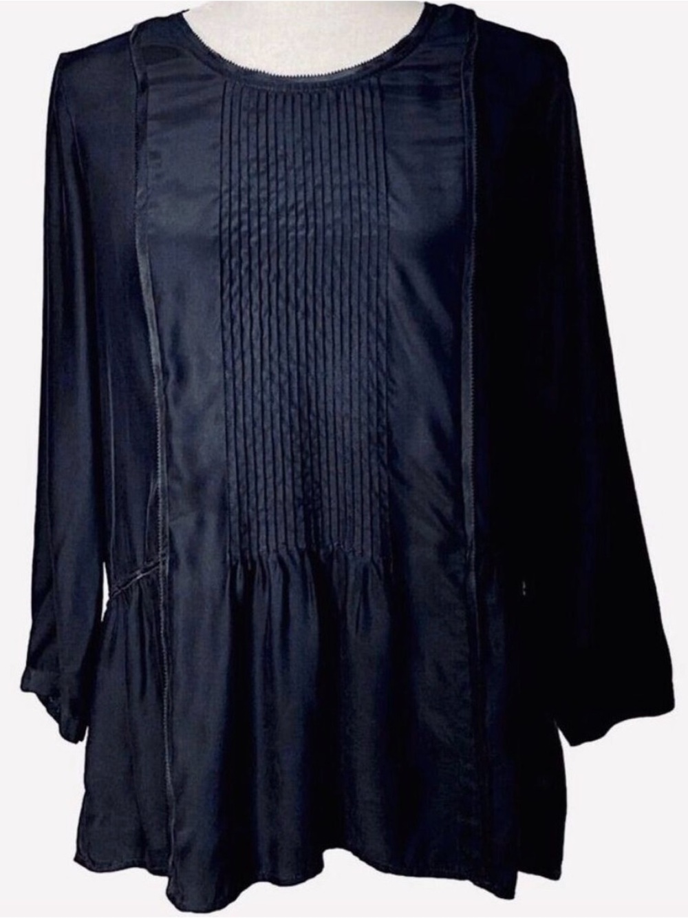 Madewell Black Silk Pintucked Women's Lightweight Tunic Blouse